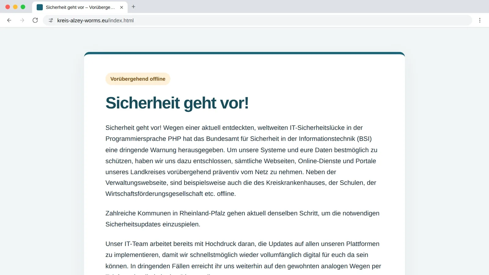 Hinweisseite „Sicherheit geht vor – Vorübergehend offline“ auf kreis-alzey-worms.eu